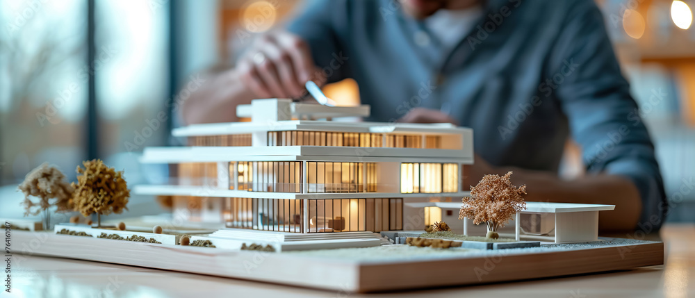 Aufkleber architect meticulously adjusts model home, detailing precision and design skill