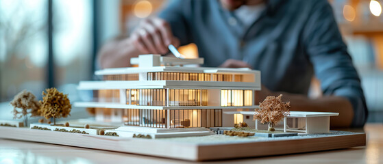 Architect meticulously adjusts model home, detailing precision and design skill