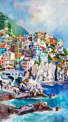 A watercolor painting depicting a town perched on a cliff overlooking the vast expanse of the ocean. The houses of the town are clustered tightly together, with boats docked along the coastline.