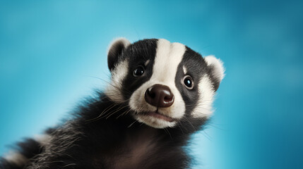 Cute funny beautiful young badger, black and white color, on a blue background, close-up	
 - Powered by Adobe