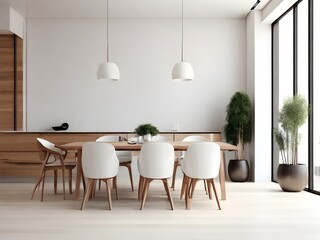 Fototapeta premium Photo white wall and wood modern chairs in dining room interior,contemporary furnishings and natural plants