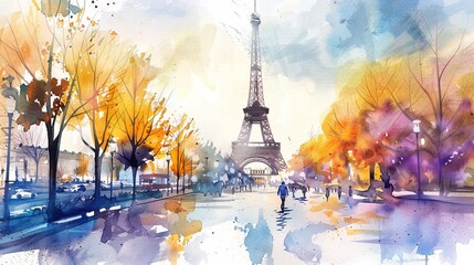 A watercolor painting showcasing the iconic Eiffel Tower in Paris, capturing its intricate architectural details and surrounding scenery with vibrant colors and delicate brushstrokes.