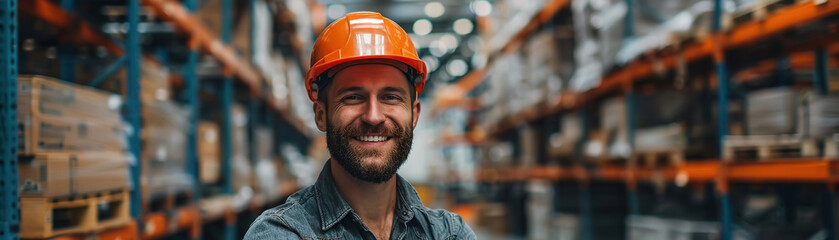 Confident industrial worker with a warm smile in a warehouse wearing a hard hat - obrazy, fototapety, plakaty