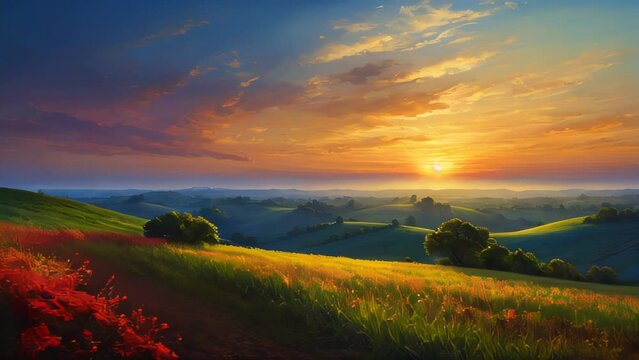 Mountain Sunset Sky Landscape with Grass and Trees under a Beautiful Blue Horizon