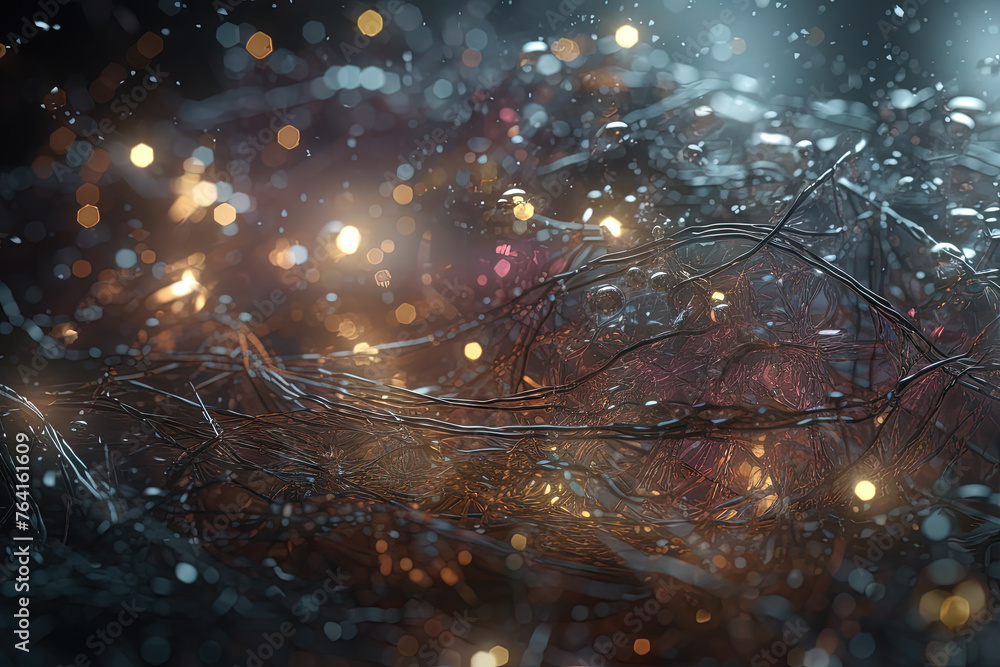 Poster Abstract burst of wires and particles on technology background. Scientific abstraction with mess of wires.