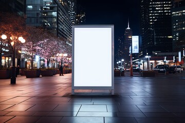 Poster advertising futuristic billboard mockup with Exhibition light stand on the streets of the night neon city background