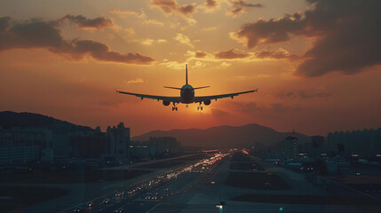 A plane is leaving above the airport in Korea, cinematic