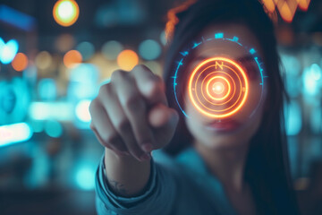 woman with glowing blue eyes holding up her finger to camera in front of her,woman with glowing blue eyes holding up her finger to camera in front of her, - obrazy, fototapety, plakaty