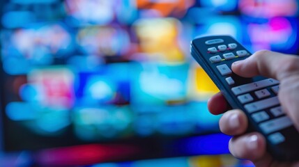 man holding his tv remote in front of his tv in his living room flipping through channels in high resolution - obrazy, fototapety, plakaty