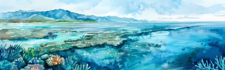 A detailed watercolor painting depicting a vibrant ocean scene filled with colorful corals and swaying seaweed. The artwork showcases the diverse marine life present in the ocean ecosystem.