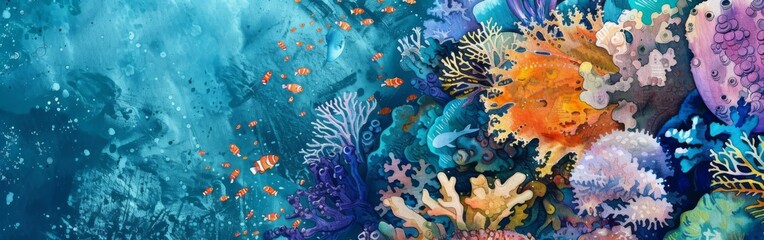 Vibrant watercolor painting featuring a variety of colorful corals and seaweed set against a deep blue background. The intricate details and vivid hues create a dynamic underwater scene.