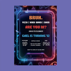 Gamer Neon Birthday Party Invitation © printdiyparty@gmail