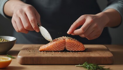 A person seasoning a fillet of salmon food photography recipe idea - Powered by Adobe