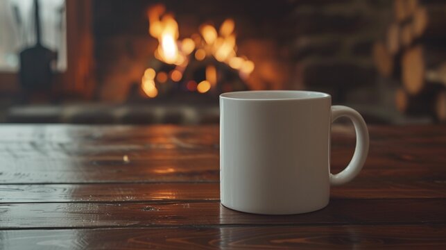 Front view, mockup image of white mug, fireplace background. Hot bevarage concept. For design, print, card, banner, poster, flyer, ad, storytelling, wallpaper, interior