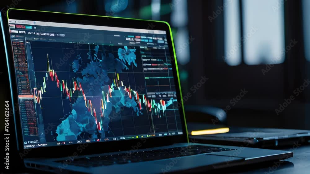 Poster laptop with graph displayed on screen on table
