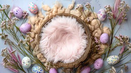 Newborn Digital Easter Backdrop with Moses Basket. Composite Background.