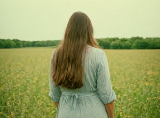 A woman in a dress with long hair standing in a field and looking into the distance. Back view.