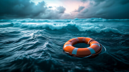 An orange lifebuoy is floating on dark blue water with waves and a stormy sky above