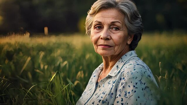 A smiling senior woman enjoying nature in a field