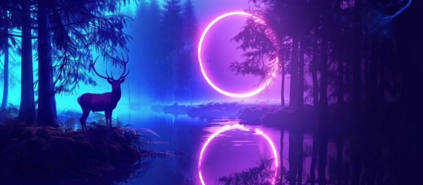 deer on natural forest scene with reflection of moonlight in the water; neon blue light