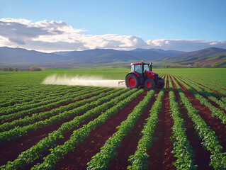Farming tractor sprays a field. Agronomy, farming, farming. - 764163239