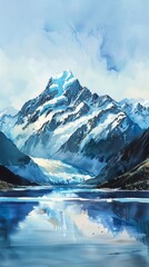 Watercolor painting of a mountain range with Mount Cook in the background and a lake in the foreground. The serene lake reflects the rugged peaks of the mountains.