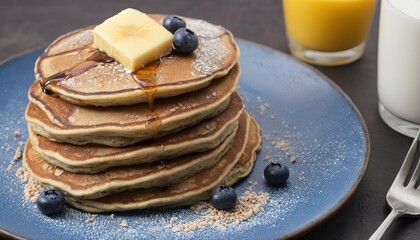 Blueberry pancakes with buckwheat flour for breakfast - obrazy, fototapety, plakaty