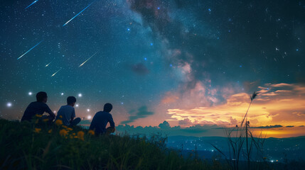 back view of a group of people sitting on a hill and looking at the night sky when the sun has just set and the sky is still visible with clouds and falling meteorites - obrazy, fototapety, plakaty