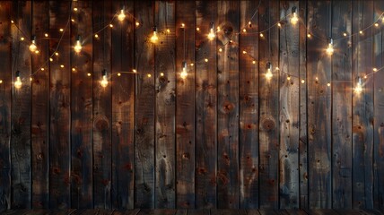 Warm ambience with string lights draped on a rustic wooden wall setting a cozy scene