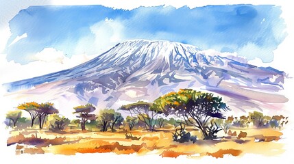 A watercolor painting depicting Mount Kilimanjaro towering in the background, with lush green trees dotting the foreground. The trees provide a stark contrast against the massive mountain, creating a 