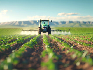 A green agricultural tractor sprays a field. Agronomy, farming.