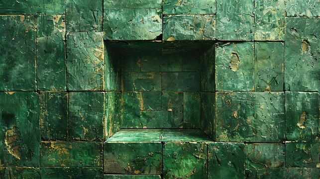 A green stone wall with a large green square in the middle