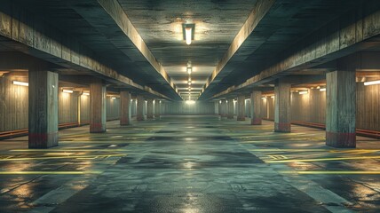 Modern underground parking lot bathed in a tranquil ambiance with ample space - obrazy, fototapety, plakaty