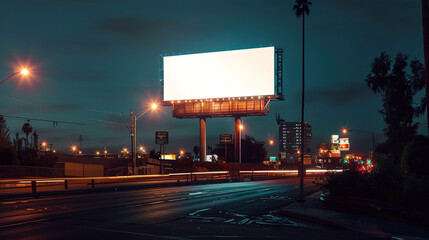 Blank white illuminated big screen for advertising sign. Empty white billboard above highway at night. Generative AI
