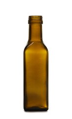 Empty square shaped brown glass bottle isolated on white background.