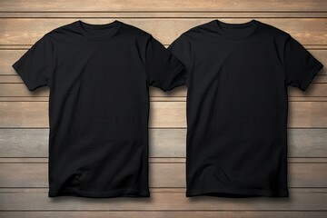 Plain blank black t-shirt mockup for front and back view on wooden background - obrazy, fototapety, plakaty