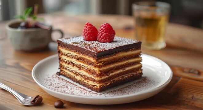 Decadent opera cake, coffee and chocolate layers