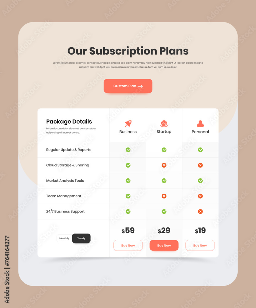 Aufkleber minimalist package subscription web user interface design with comparison table