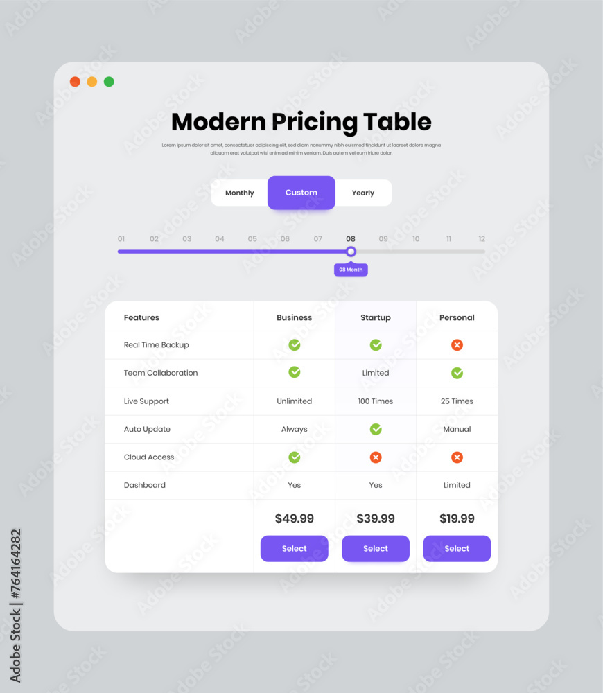 Fototapete professional business model subscription and plan overview web interface design with custom filter