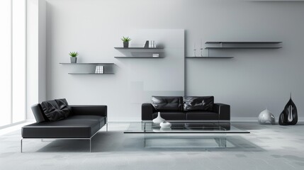 Elegant Minimalist Living Room Design with Glass Coffee Table.