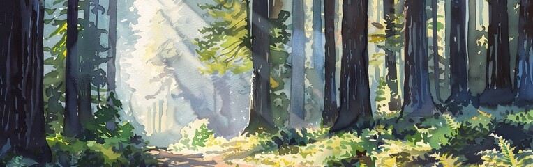 A watercolor illustration of a path winding through a dense forest of towering redwood trees, with dappled sunlight filtering through the canopy.