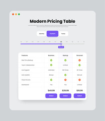 Professional business model subscription and plan overview web interface design with custom filter