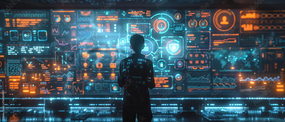Poster Man facing a futuristic virtual interface with glowing digital screens