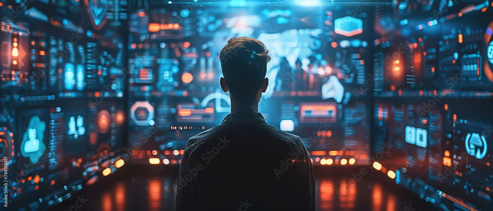 Poster Man facing a futuristic virtual interface with glowing digital screens