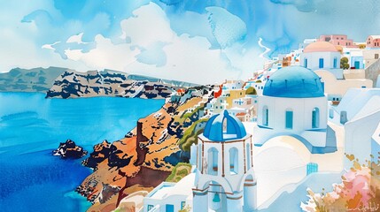 Naklejka premium A watercolor illustration depicting a picturesque town with buildings painted in shades of blue and white, set against the backdrop of the ocean. The town appears to be perched on a cliff overlooking 
