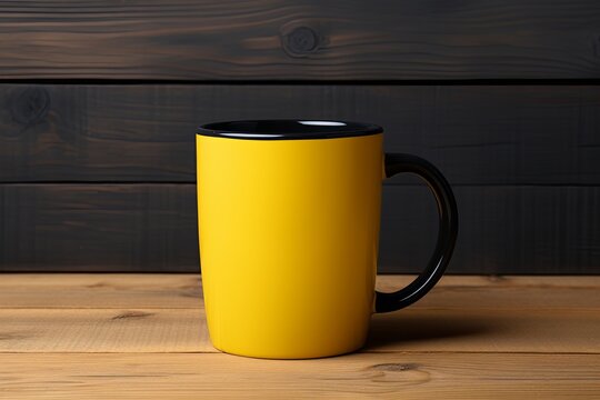 Plain blank yellow ceramic mug mockup on wooden background, 3d rendering