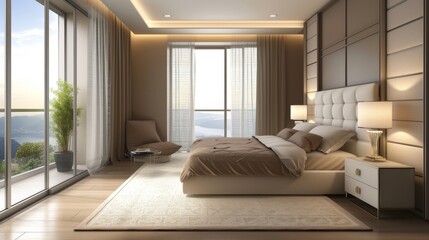 Fototapeta na wymiar Modern, elegantly decorated bedroom with breathtaking views of the serene landscape
