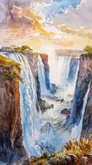 A painting depicting a cascading waterfall with birds soaring overhead. The artwork captures the dynamic movement of the birds against the backdrop of the majestic waterfall.