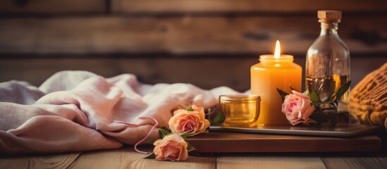 A tray is adorned with lit candles, blooming flowers, a cozy blanket, and a bottle, creating a serene atmosphere
