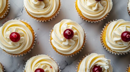 cupcakes from above adorned with piped buttercream cherries and chocolate flakes - obrazy, fototapety, plakaty